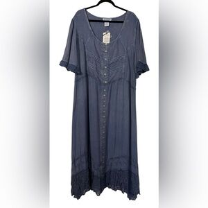 Vintage The Paragon Maxi Dress Button Embroidered Dusty Blue Boho Size 2X